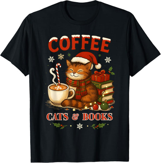 Funny Christmas Cute Coffee Cats Books Lover Gift Women T-Shirt - T-Shirt | Black