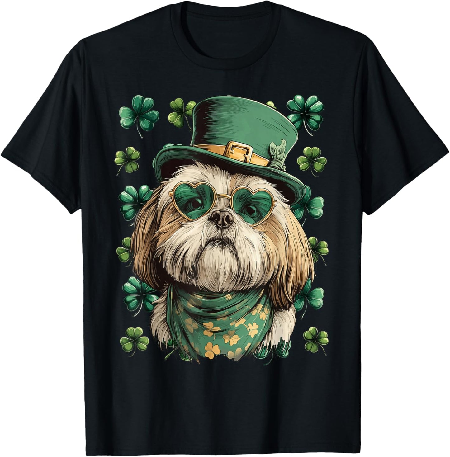 Shih Tzu with Shamrocks Hearts Sunglasses St Patricks Day T-Shirt - T-Shirt | Black