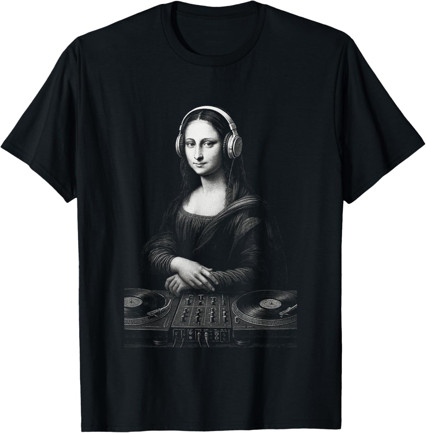 Mona Lisa DJ Headphones Turntables Music Mixer Art Parody T-Shirt - T-Shirt | Black