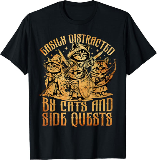 Easily Distracted Cats Side Quest Funny RPG Video Game Gamer T-Shirt - T-Shirt | Black