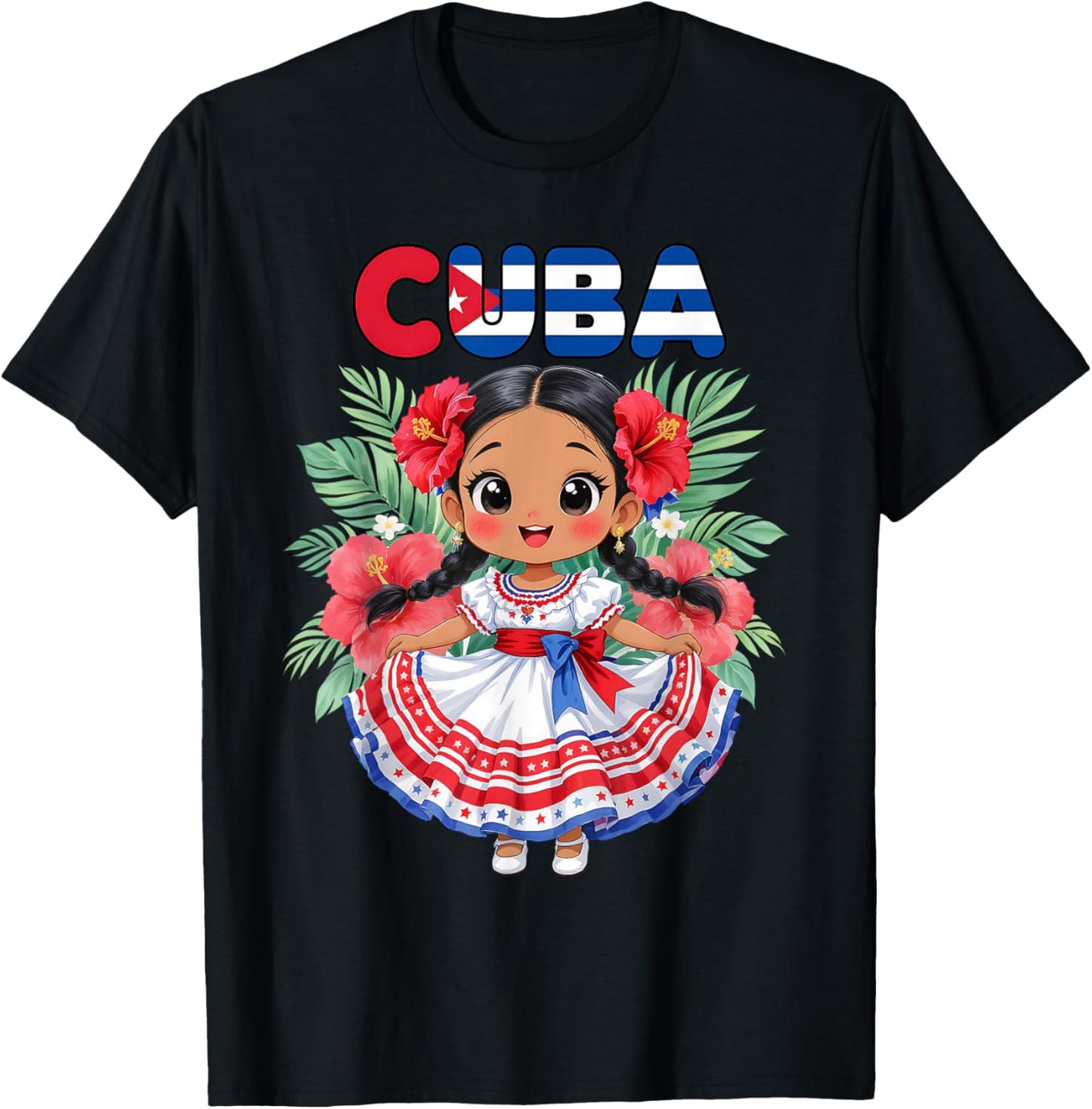 Cute Cuba Cuban Girl Traditional Dress Tropical Flowers T-Shirt - T-Shirt | Black