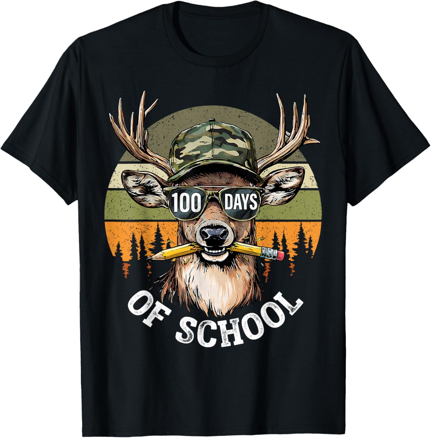 Retro 100 Days of School Camo Buck Pencil Deer Hunting T-Shirt - T-Shirt | Black