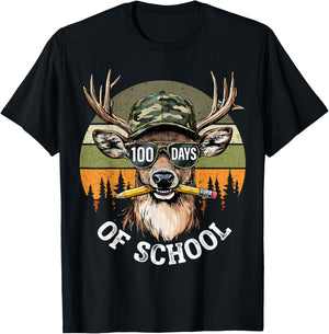 Retro 100 Days of School Camo Buck Pencil Deer Hunting T-Shirt - T-Shirt | Black
