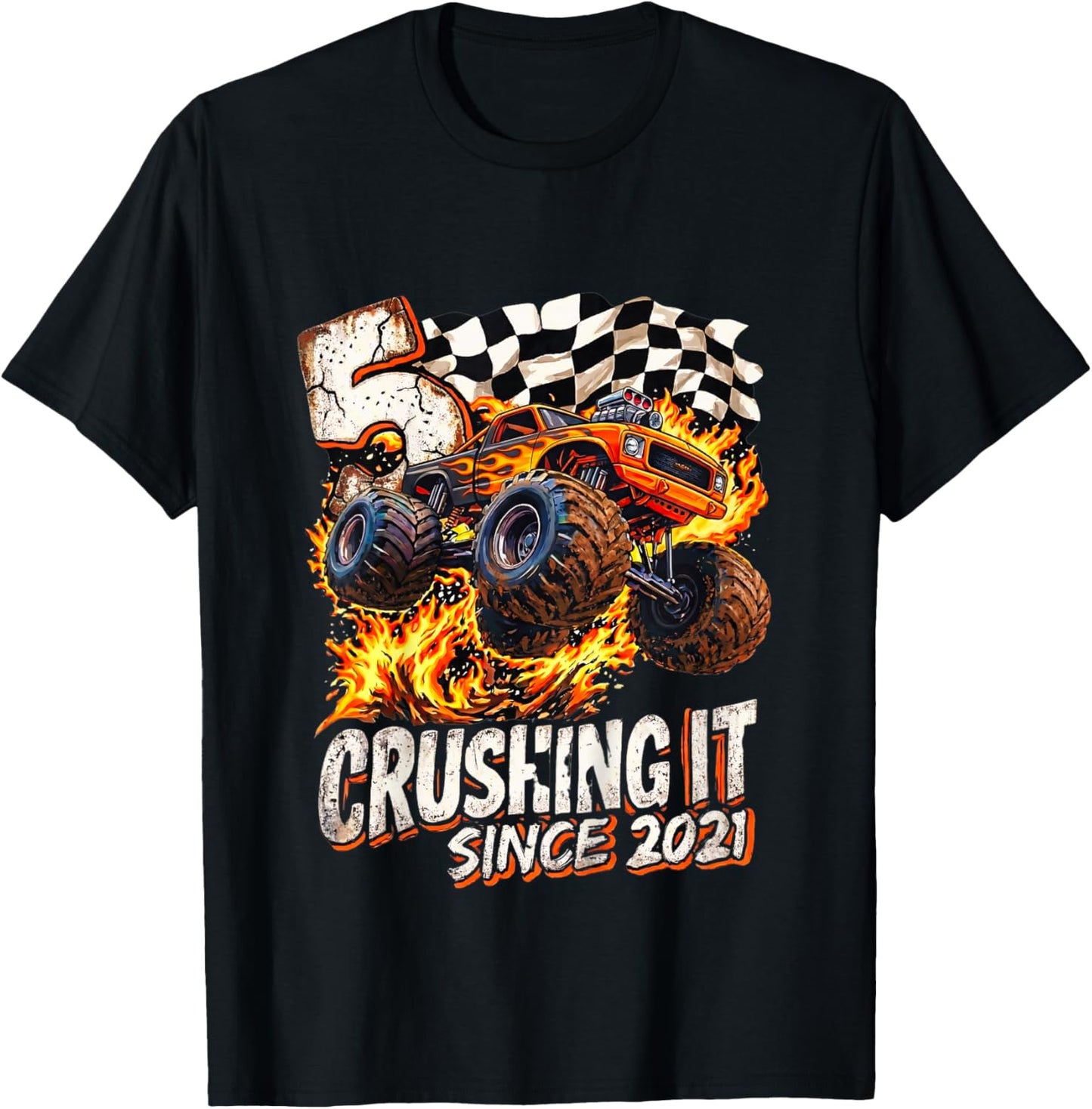 Kids Birthday Monster Truck Boys 5 Crushing It Since 2021 Kids T-Shirt - T-Shirt | Black