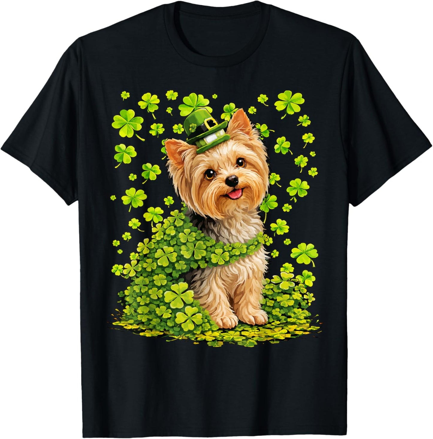 Yorkshire Terrier with Shamrocks St Patricks Day Yorkie Dog T-Shirt - T-Shirt | Black
