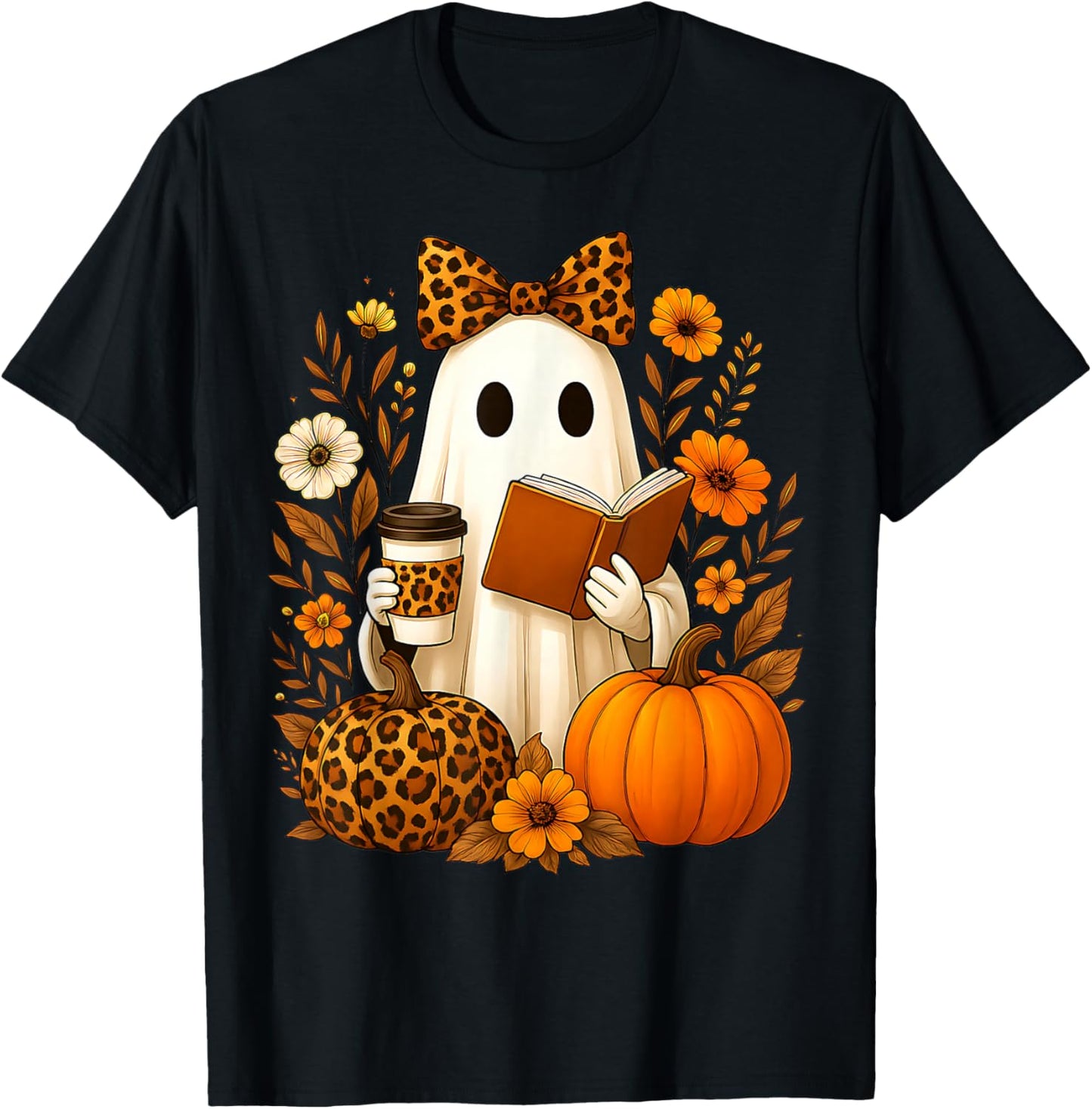 Ghost Reading Book Coffee Leopard Print Fall Halloween Women T-Shirt - T-Shirt | Black