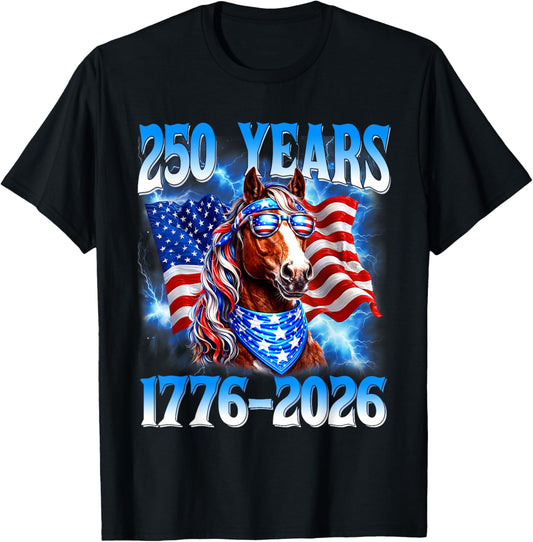 250 Years 1776 2026 250th USA Horse American Flag 4th July T-Shirt - T-Shirt | Black