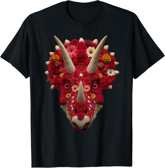 Cute Triceratops with Roses Floral Dinosaur Valentine's Day T-Shirt - T-Shirt | Black