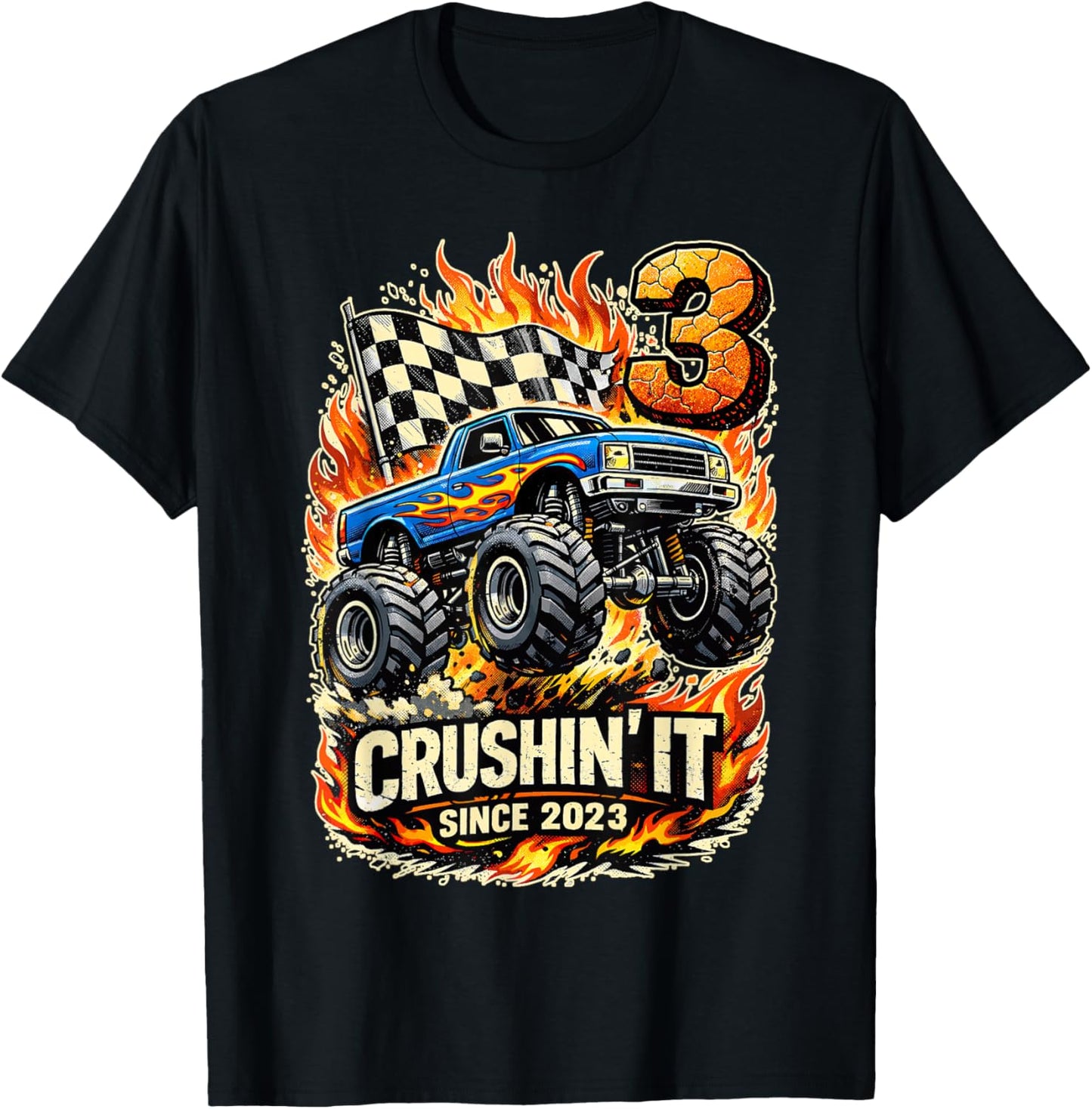 Birthday Monster Truck 3 Year Old Boys 3rd Party Born 2023 T-Shirt - T-Shirt | Black