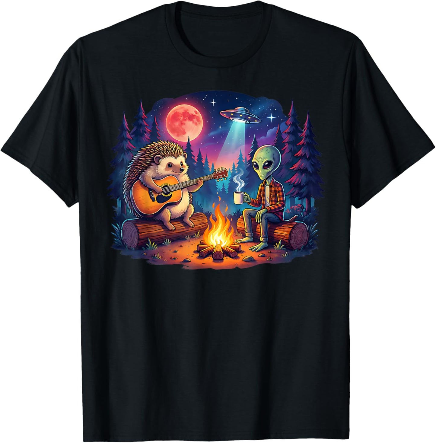 Funny Alien and Hedgehog Camping Campfire Moon UFO Guitar T-Shirt - T-Shirt | Black