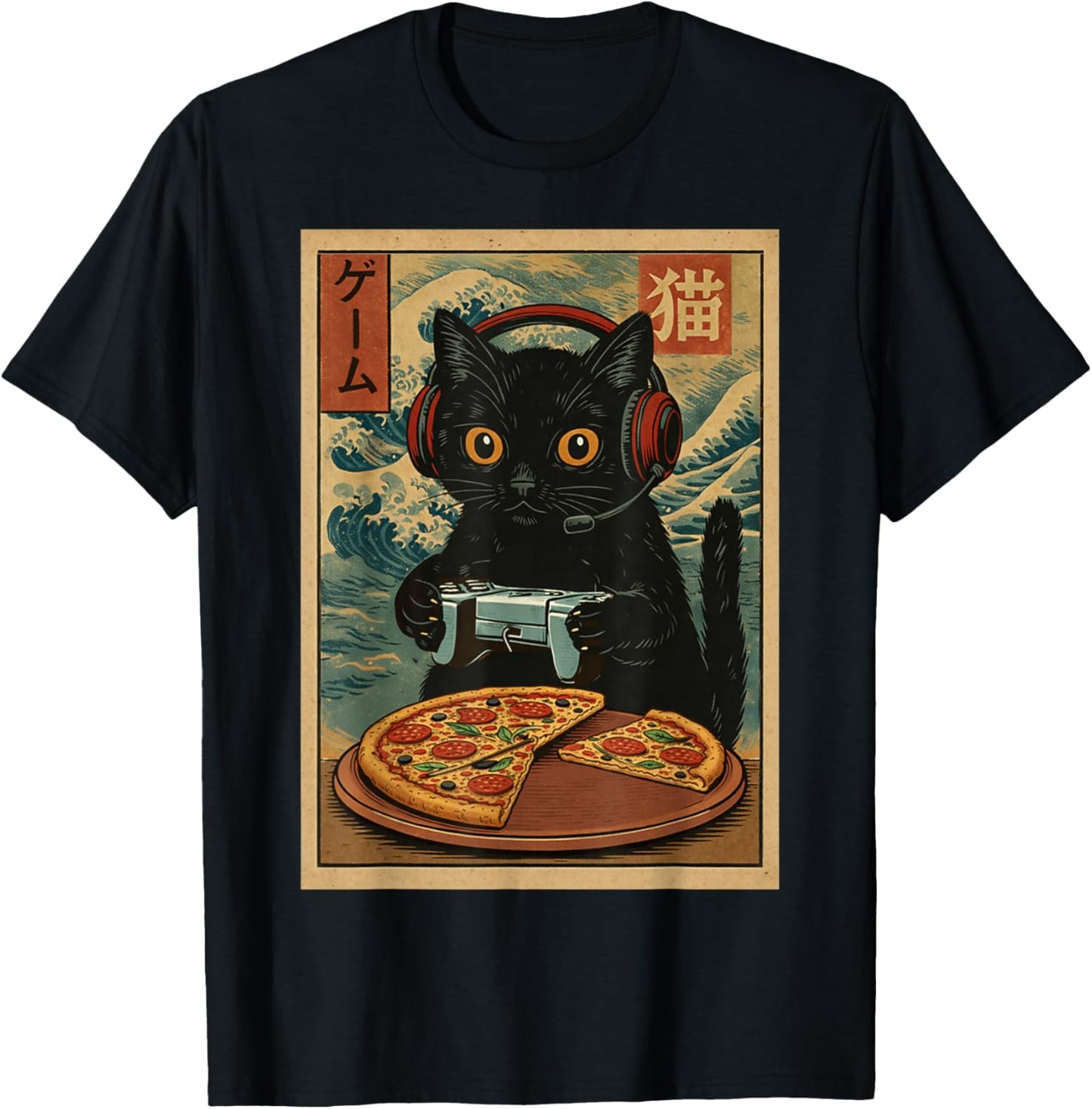 Cute Kawaii Gamer Cat Funny Pizza Retro Japanese Cat Gaming T-Shirt - T-Shirt | Black