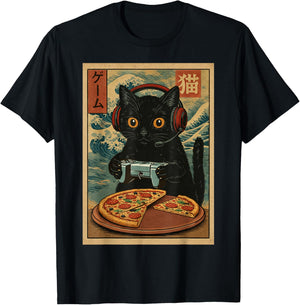 Cute Kawaii Gamer Cat Funny Pizza Retro Japanese Cat Gaming T-Shirt - T-Shirt | Black