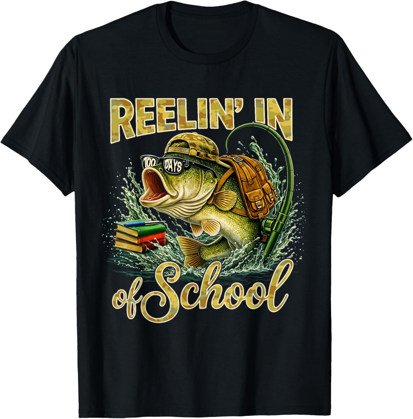 Reelin' in 100 Days of School Fishing Bass Kids Teacher T-Shirt - T-Shirt | Black