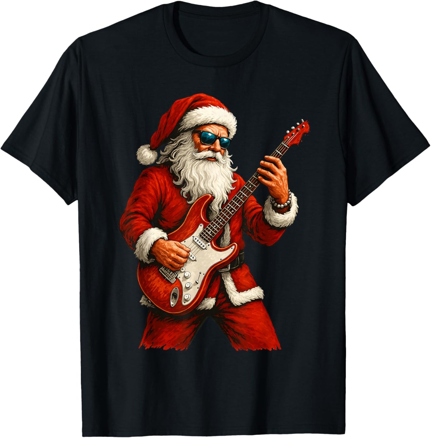 Santa Claus Playing Guitar Funny Christmas Rock Guitar T-Shirt - T-Shirt | Black