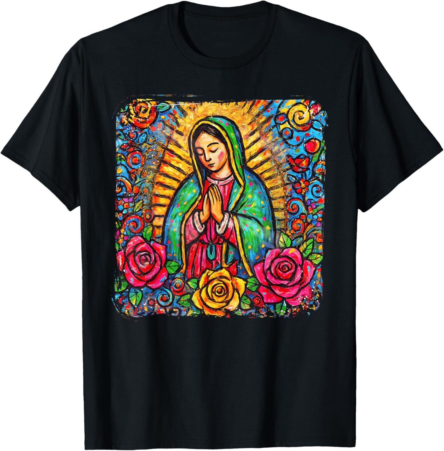 Our Lady Virgen De Guadalupe Saint Virgin Mary Pink Roses T-Shirt - T-Shirt | Black