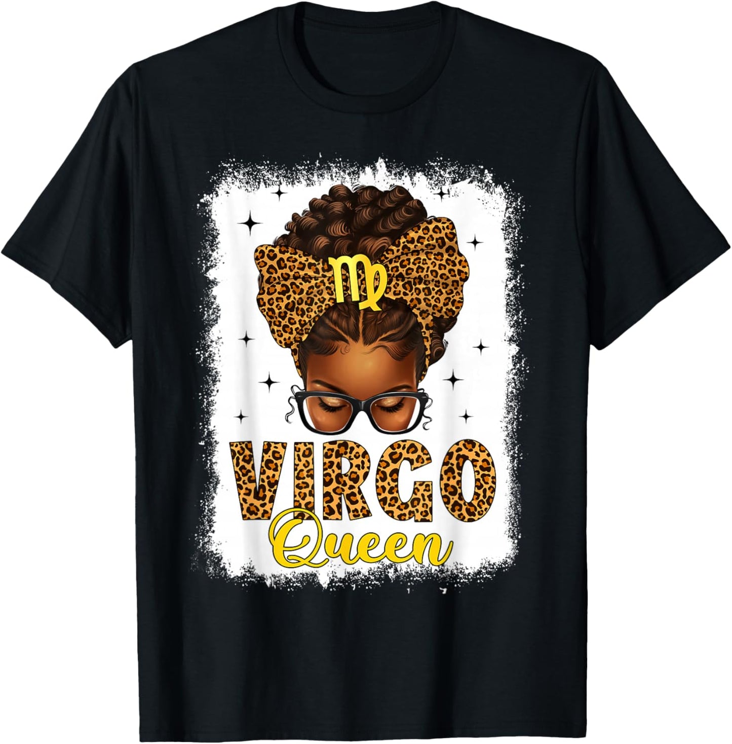 Virgo Queen Messy Bun Leopard Bow Black Women Zodiac T-Shirt - T-Shirt | Black