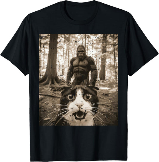 Tuxedo Cat Bigfoot Selfie Funny Meme Sasquatch Men Women Kid T-Shirt - T-Shirt | Black
