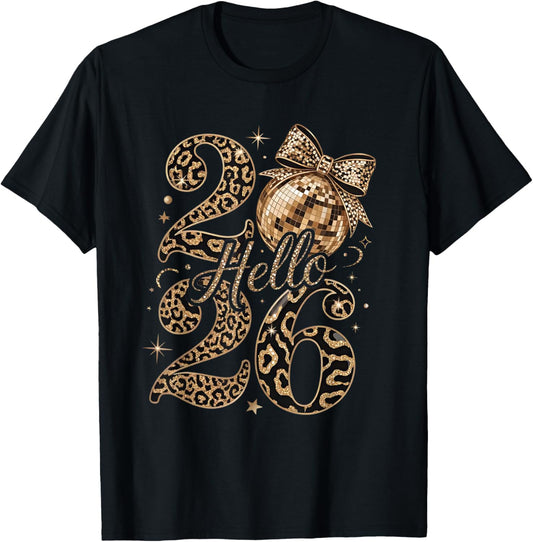 Hello 2026 Leopard Coquette Disco Ball Happy New Year T-Shirt - T-Shirt | Black