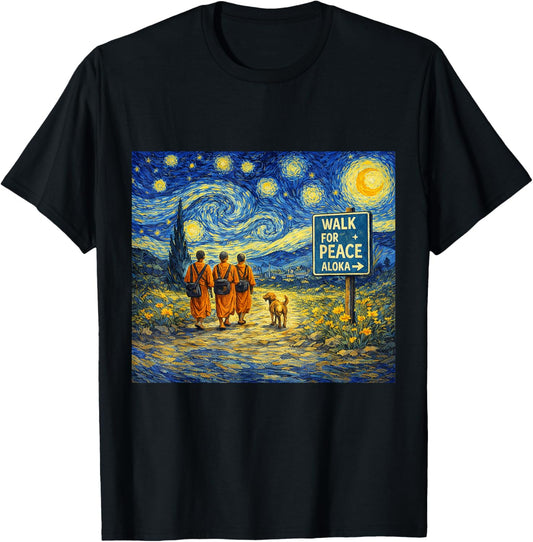 Retro Walk for Peace Monks with Aloka Dog Starry Night T-Shirt - T-Shirt | Black
