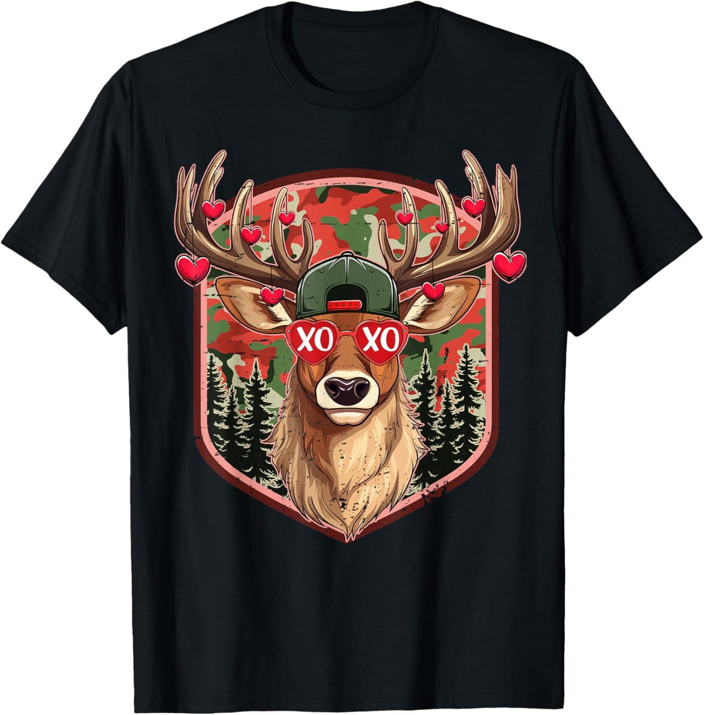 XOXO Valentine Buck Camo Deer Retro Hunting Valentines Day T-Shirt - T-Shirt | Black