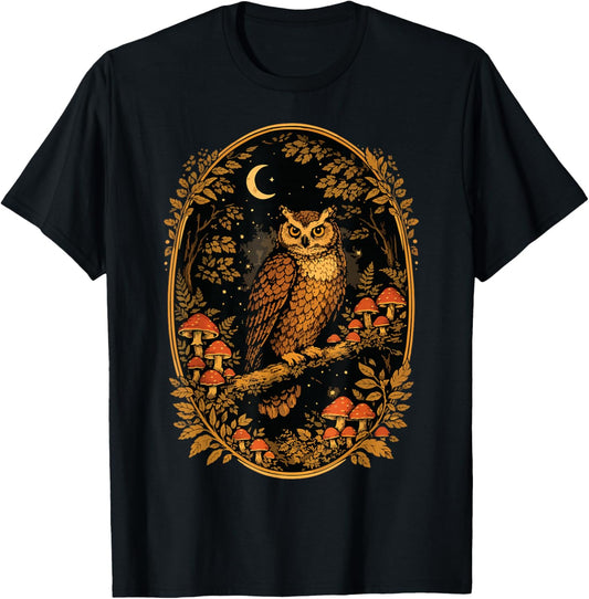 Vintage Mushroom Owl Forest Aesthetic Cottagecore Mycology T-Shirt - T-Shirt | Black