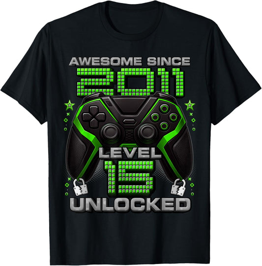 Level 15 Unlocked Awesome Since 2011 15th Birthday Gaming T-Shirt - T-Shirt | Black