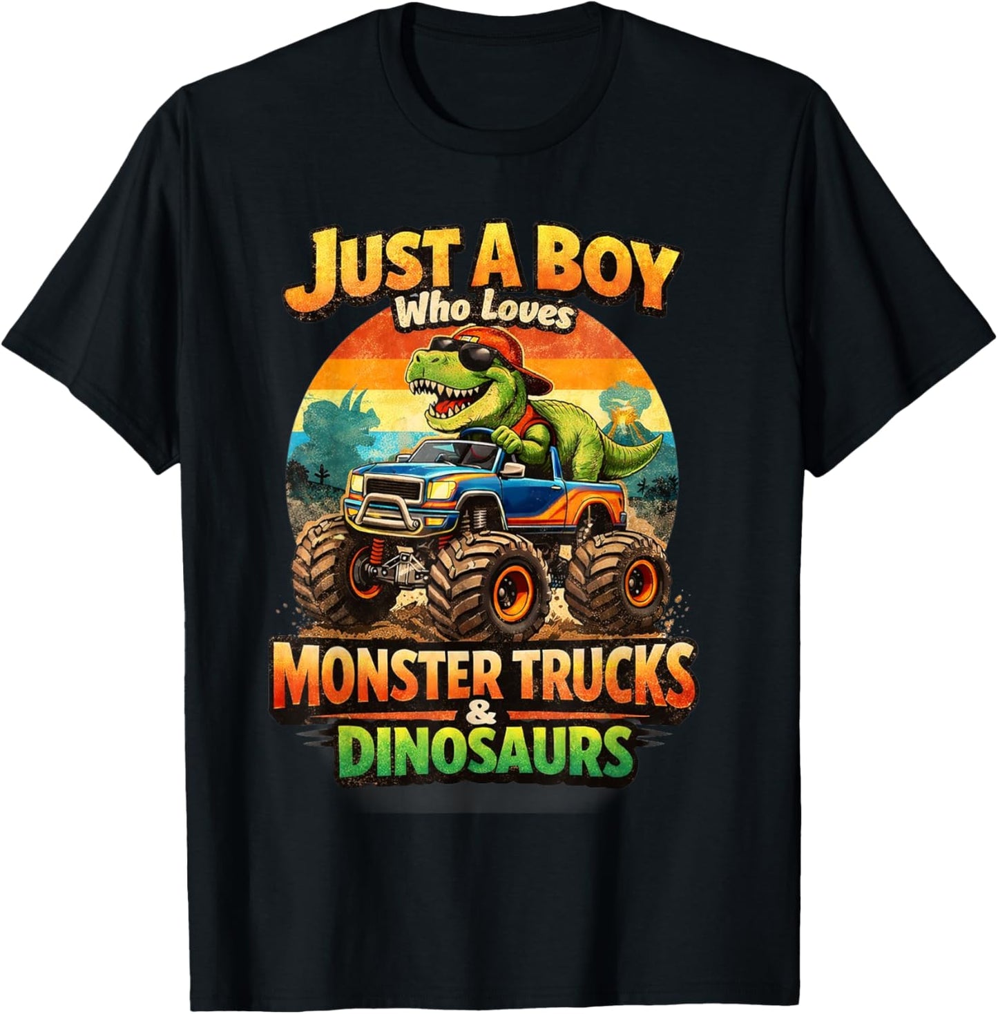 Just A Boy Who Loves Monster Trucks and Dinosaurs Cool T-Rex T-Shirt - T-Shirt | Black