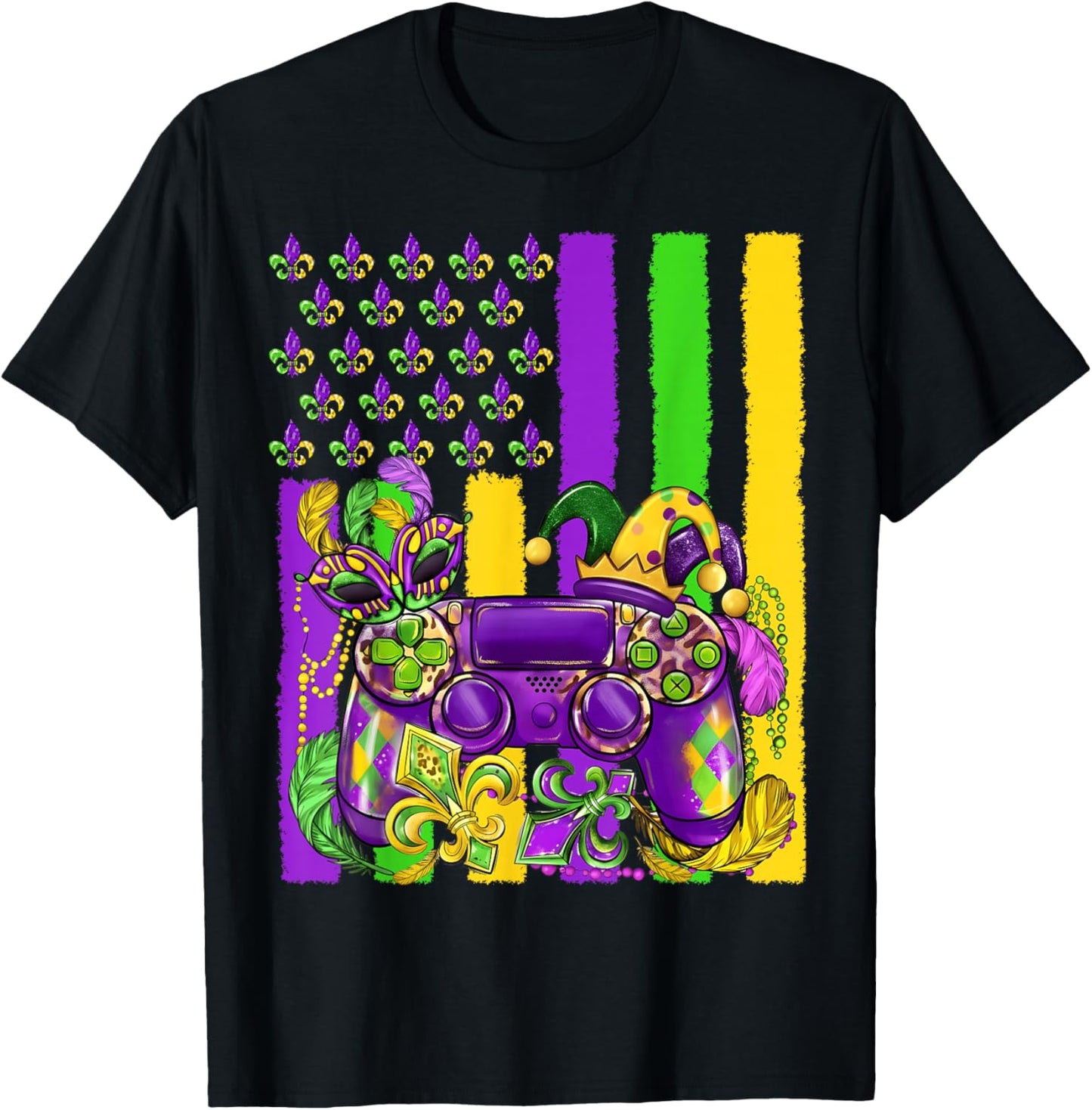 Mardi Gras Video Game Flag Fleur De Lis Jester Boy Girl Kid T-Shirt - T-Shirt | Black