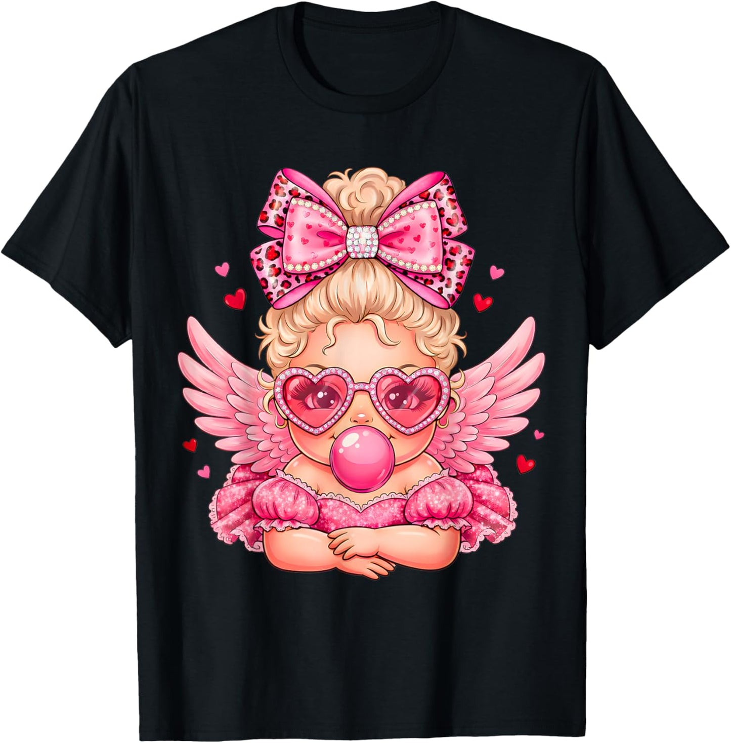 Leopard Bow Cupid Valentine Day Cute Cupid Blowing Bubble T-Shirt - T-Shirt | Black
