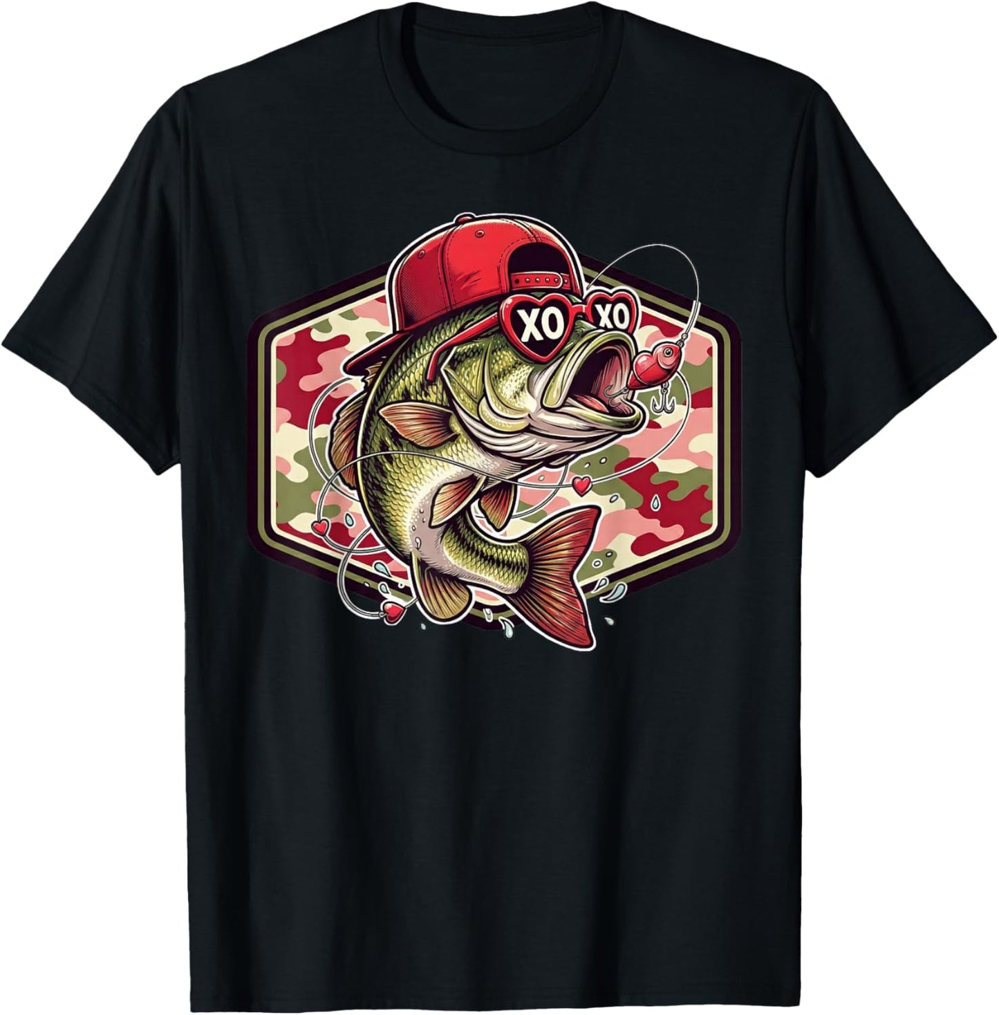 Valentine Bass Fishing Camo Fisherman Valentines Day T-Shirt - T-Shirt | Black
