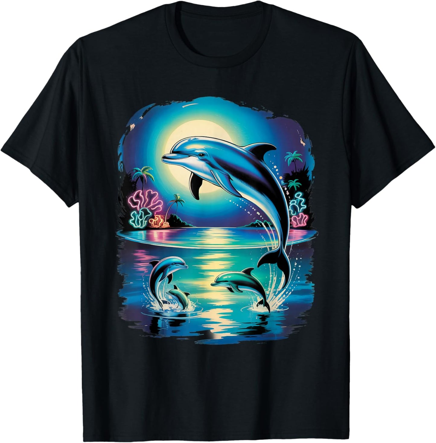 Vintage Retro 90s Airbrushed Dolphins in Ocean Sunset T-Shirt - T-Shirt | Black