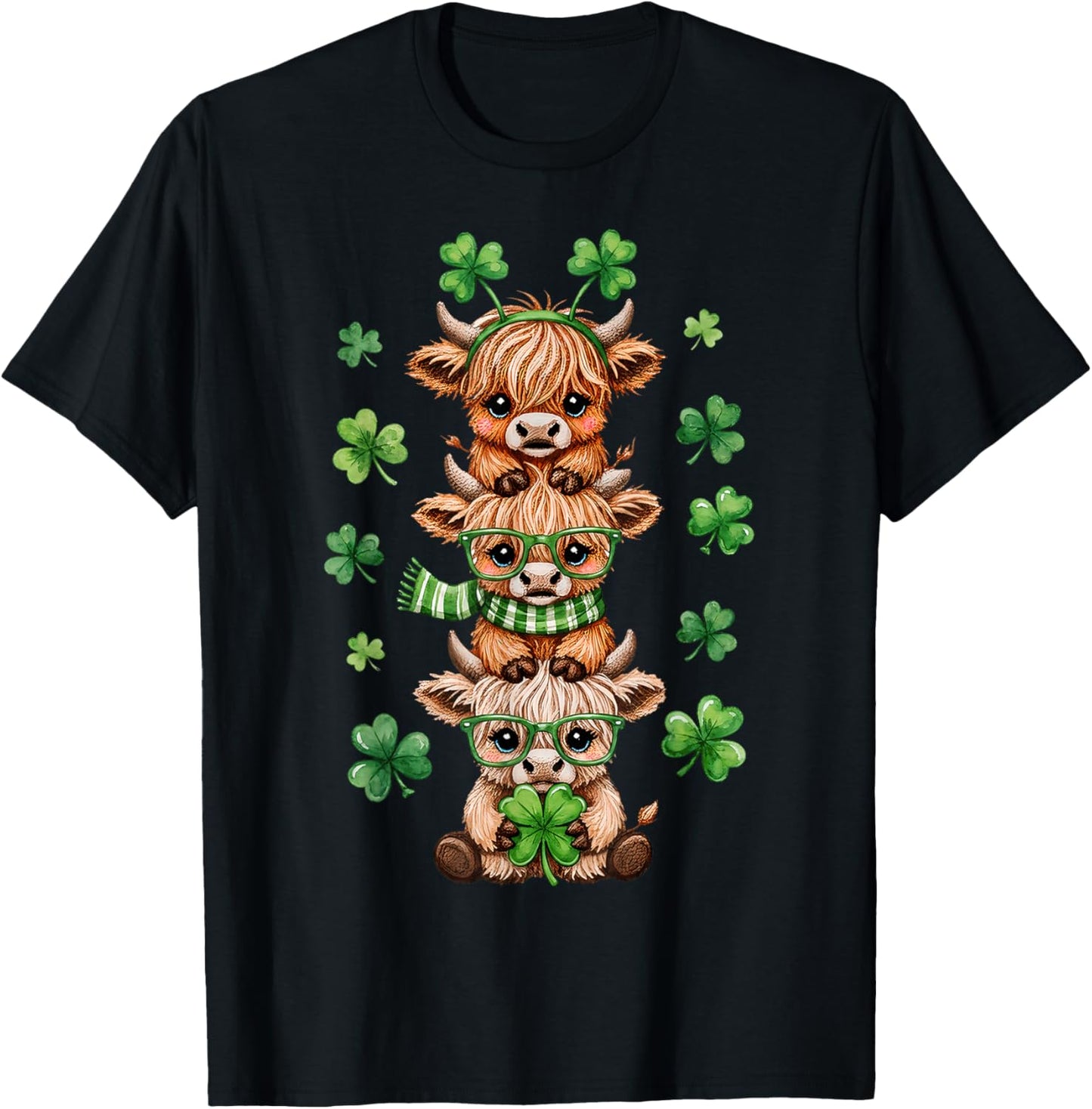 Cute Highland Cow Lucky Shamrock St Patrick's Day Party T-Shirt - T-Shirt | Black