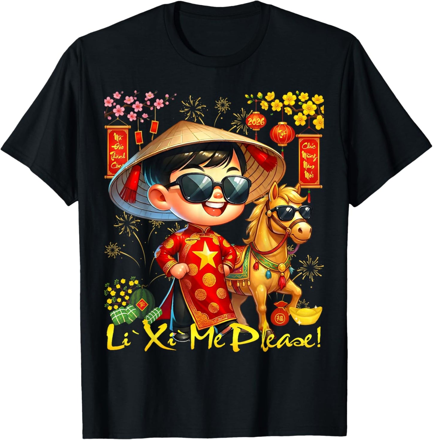 Happy TET Chuc Mung NAM Moi 2026 Li Xi Me Please Kids Boys T-Shirt - T-Shirt | Black
