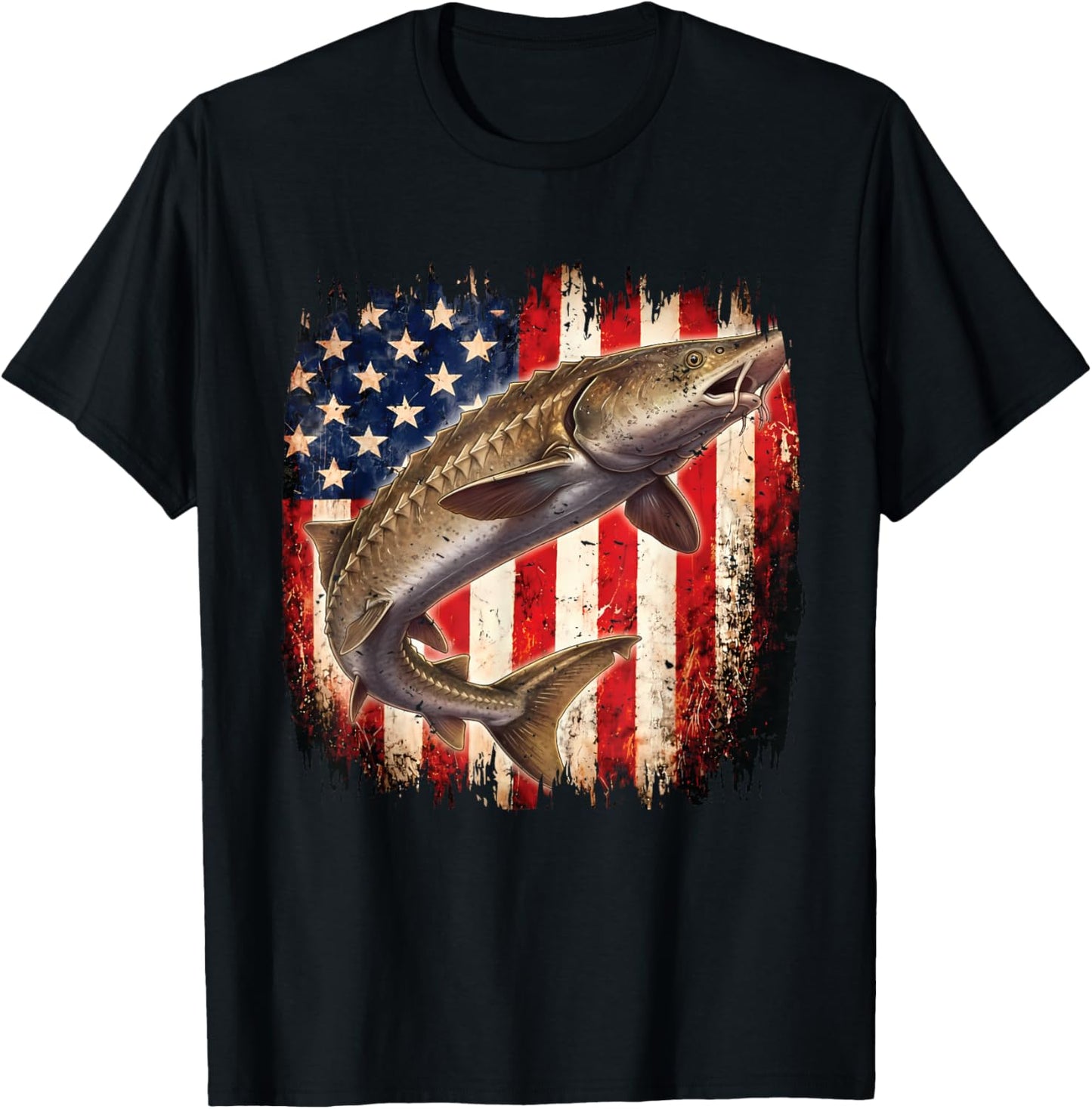 American Flag Sturgeon Fish Fishing Vintage Fisherman T-Shirt - T-Shirt | Black