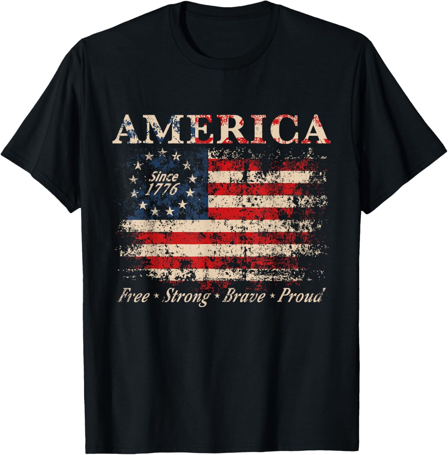 Distressed American Flag Patriotic USA Vintage 1776 T-Shirt - T-Shirt | Black