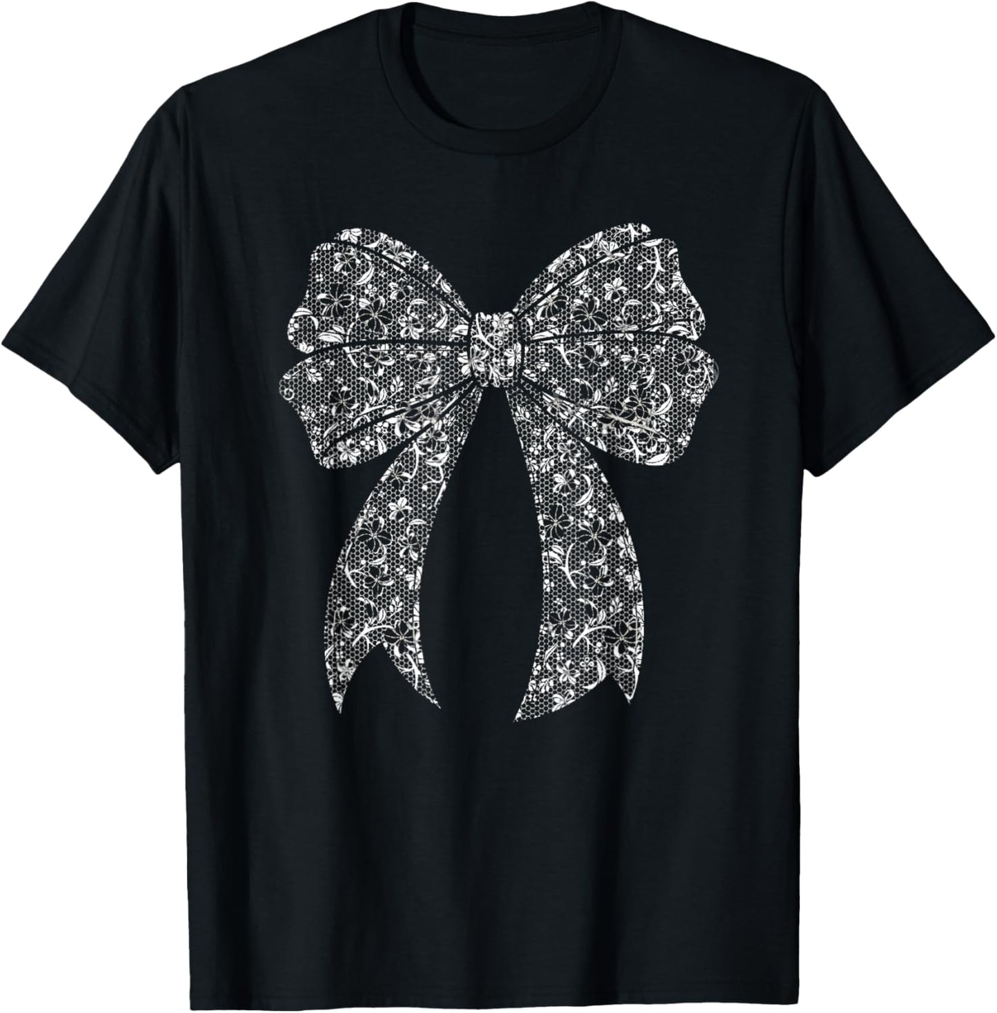 White Lace Bow Vintage Floral Coquette Aesthetic T-Shirt - T-Shirt | Black