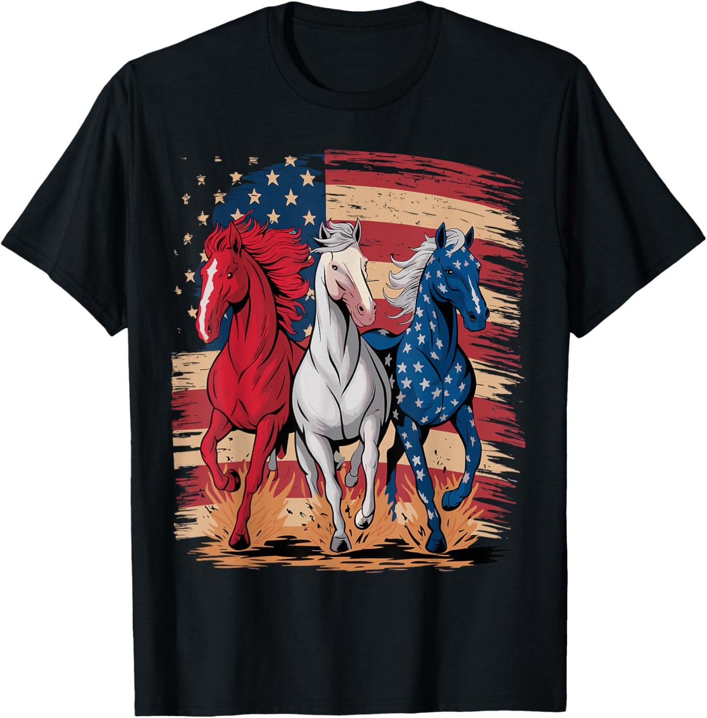 Horse Patriotic USA Flag 4th of July Horses T-Shirt - T-Shirt | Black