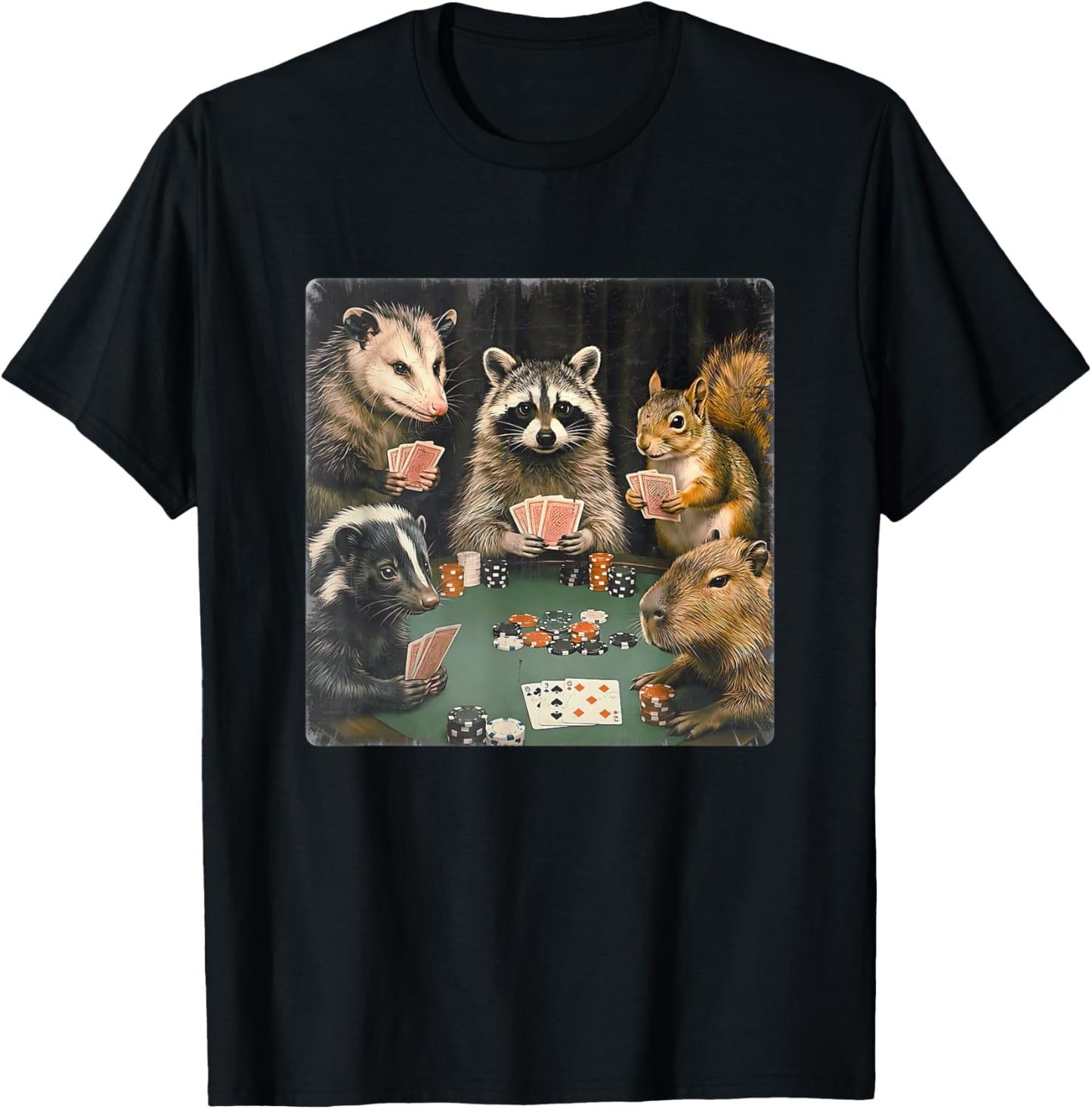 Forest Animals Playing Poker Card Gambling Matching Game Day T-Shirt - T-Shirt | Black
