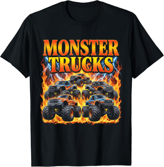 Monster Trucks 90s Bootleg Vintage Style Fire Lightning T-Shirt - T-Shirt | Black