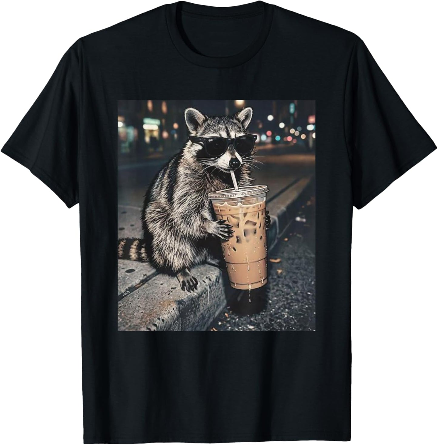 Funny Raccoon Drinking Iced Coffee Meme T-Shirt - T-Shirt | Black