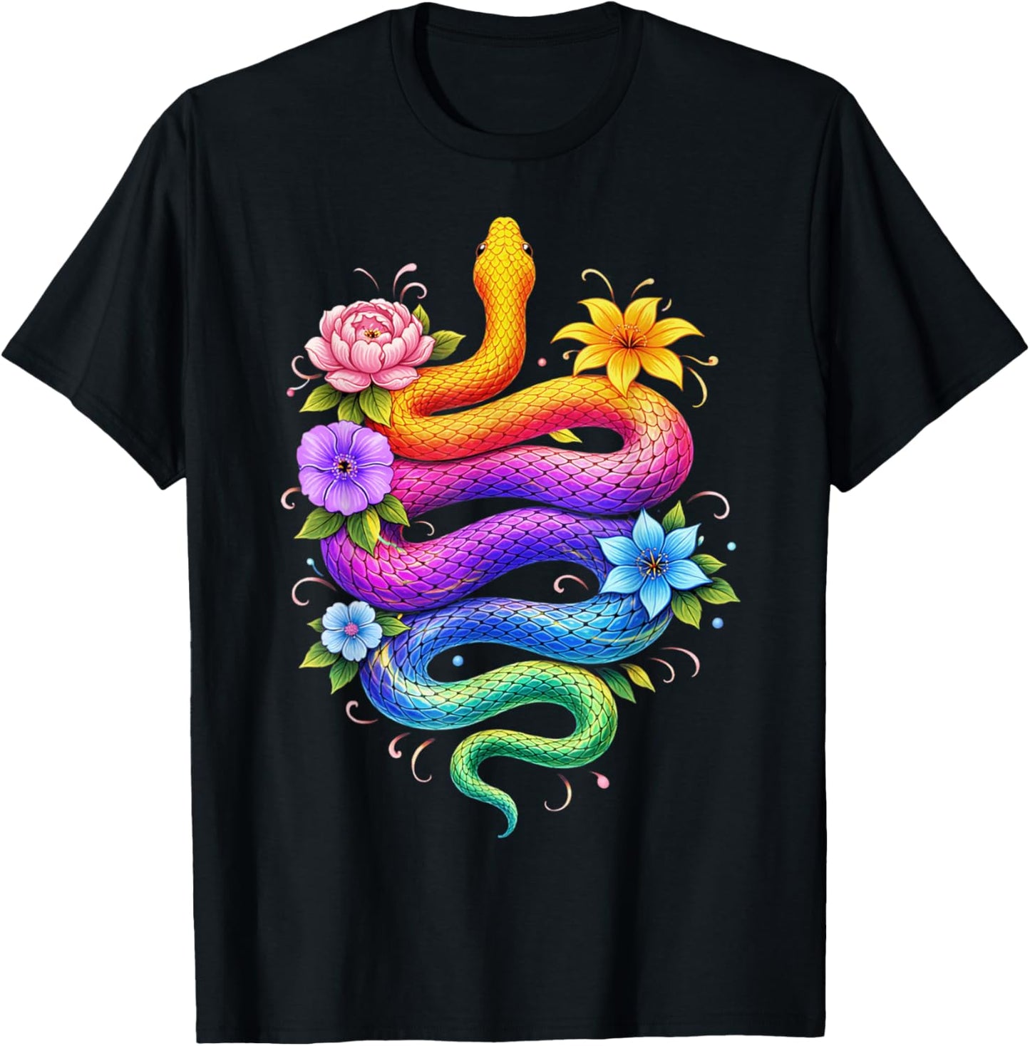 Colorful Floral Snake Flowers Rainbow Women Girls Kids T-Shirt - T-Shirt | Black