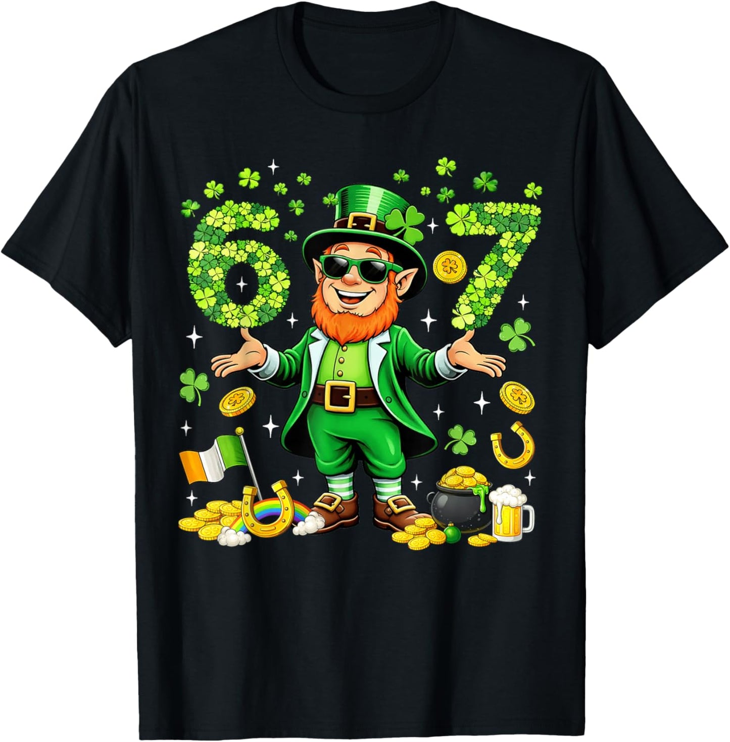 Six Seven 6 7 Meme St Patricks Day Leprechaun Boy Girl Kids T-Shirt - T-Shirt | Black