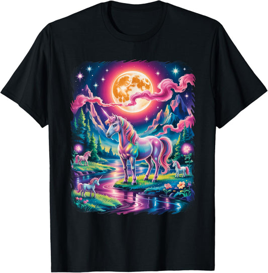 Vintage Retro 90s Airbrushed Magical Unicorn Scene T-Shirt - T-Shirt | Black