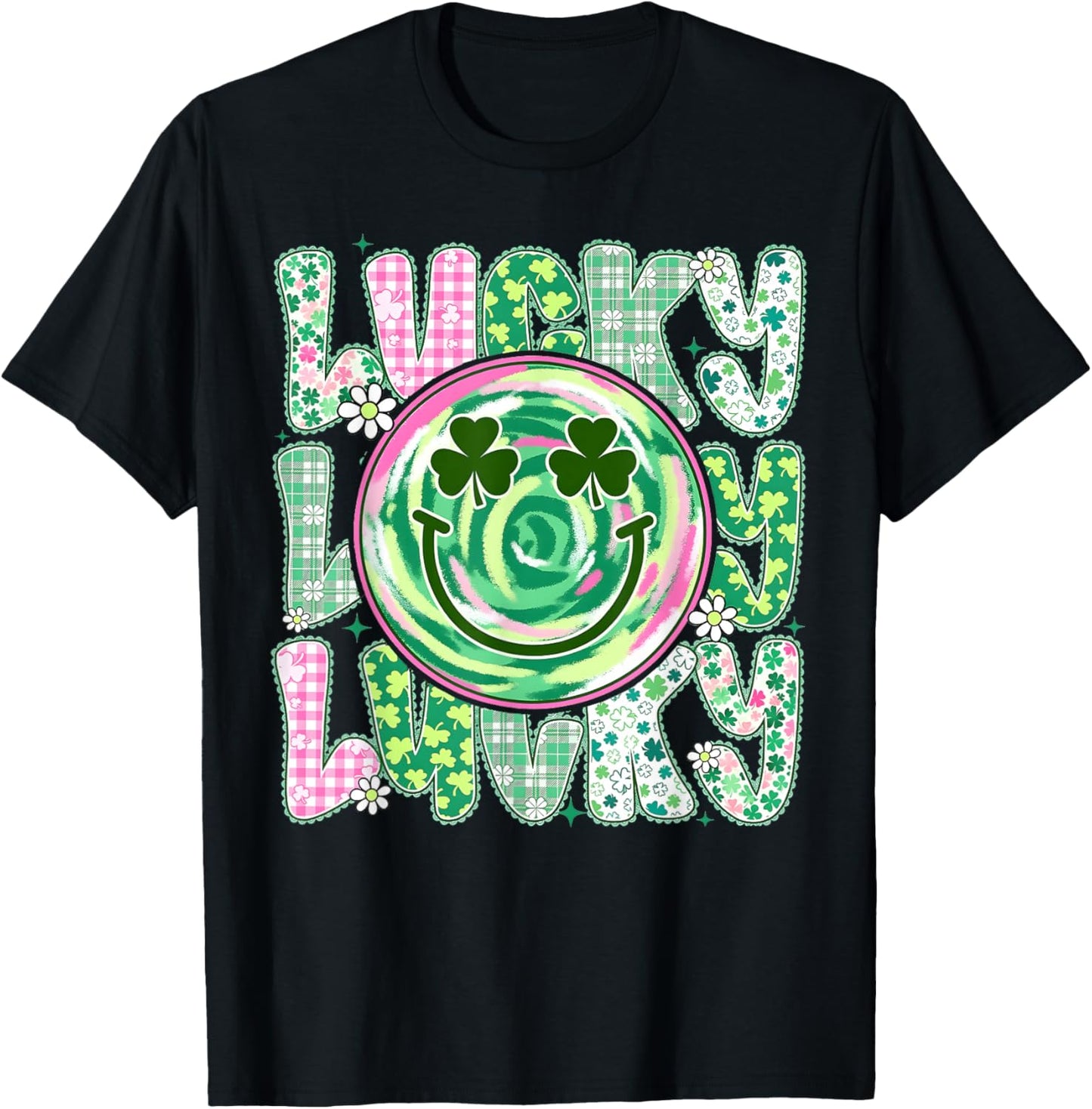 St Patricks Day Lace Lucky Smile Face Shamrock Men Women Kid T-Shirt - T-Shirt | Black