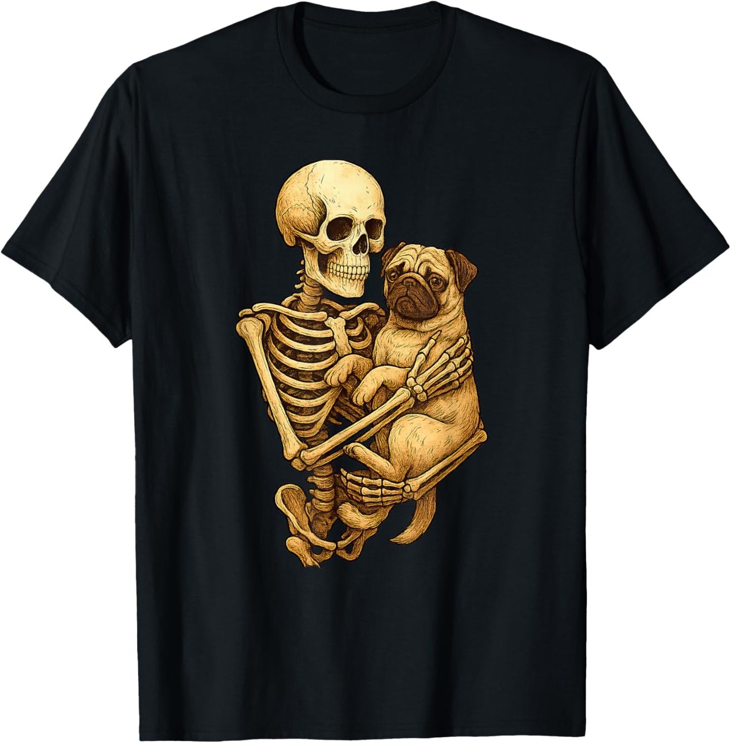 Skeleton Hugging Pug Halloween Pugs Lover Pug Mom Dad T-Shirt - T-Shirt | Black