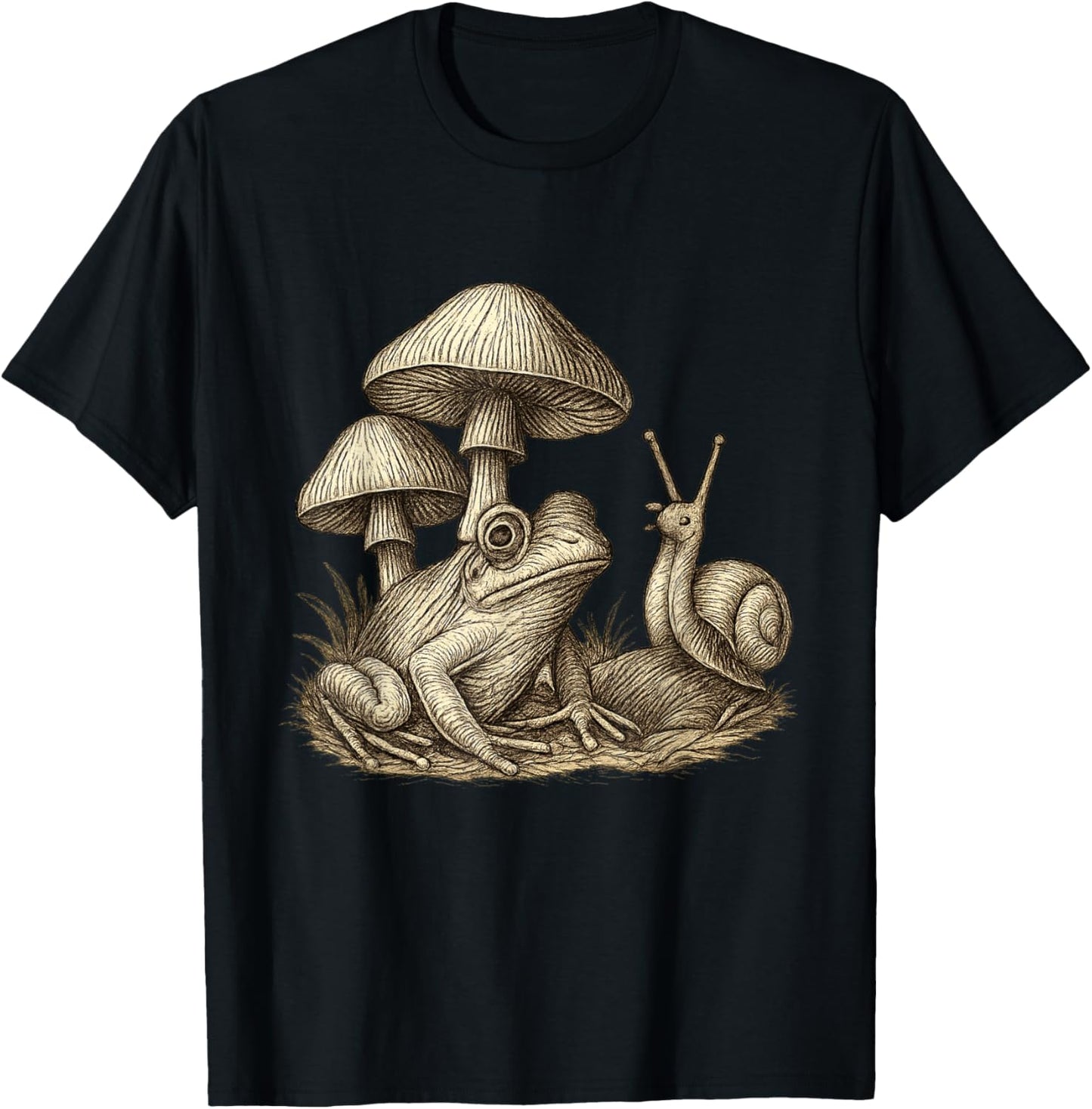 Vintage Frog Snail Mushroom Forest Forager T-Shirt - T-Shirt | Black