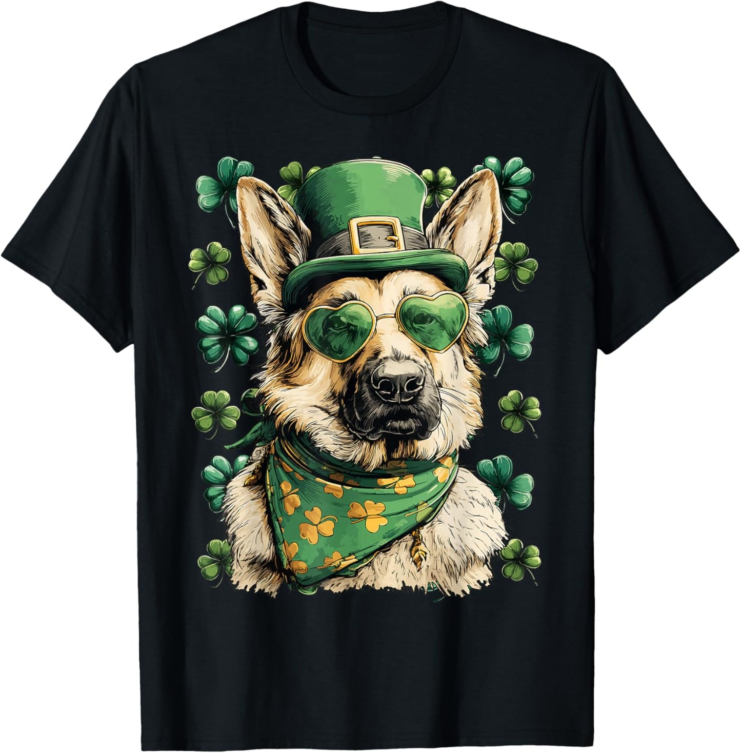 German Shepherd Shamrocks Hearts Sunglasses St Patricks Day T-Shirt - T-Shirt | Black
