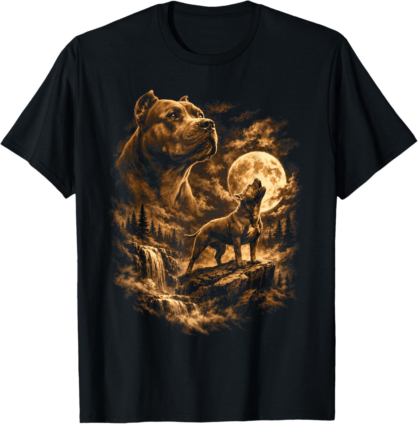 Pit Bull Howling Moon Pittie Dog Fantasy Forrest Wilderness T-Shirt - T-Shirt | Black