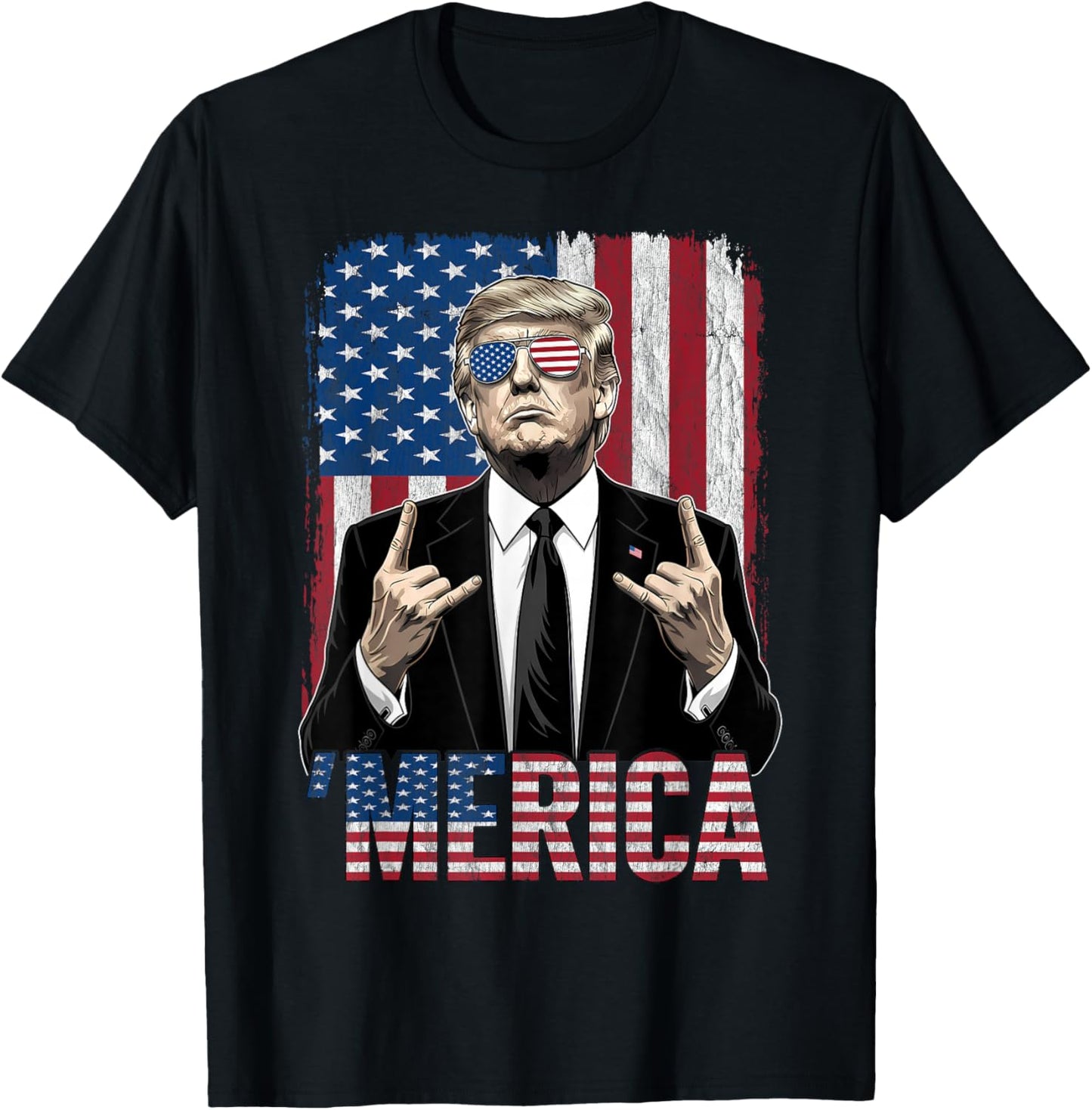 Merica American Funny Trump Patriotic 4th of July USA Flag T-Shirt - T-Shirt | Black