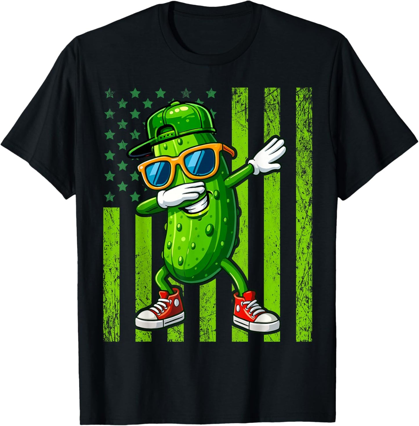 Dabbing Pickle Retro American Flag Funny Cucumber Pickles T-Shirt - T-Shirt | Black